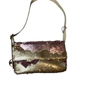 NWT Nicole Miller Gold Sequin Two‎ Tone Shoulder Strap Fold Over Flap Handbag